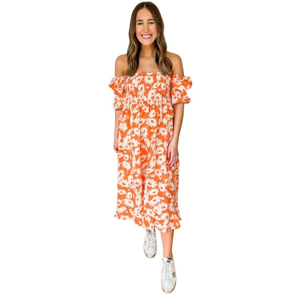 Karlie Off Shoulder Orange and White Dress - Size L